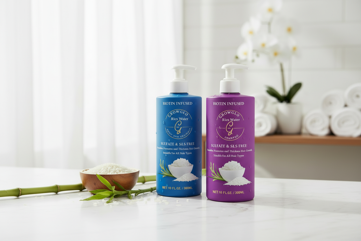 Rice Water Shampoo & Conditioner Set in elegant spa setting